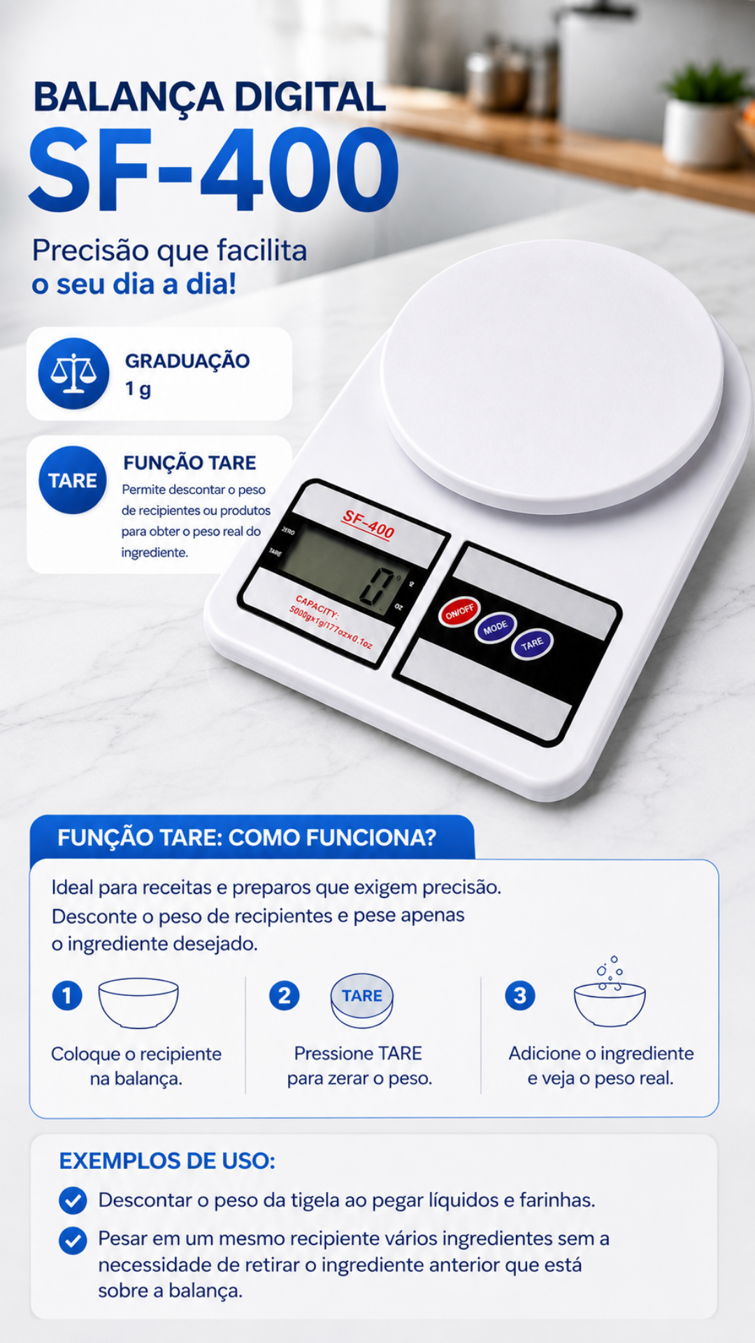 Balança Cozinha Digital 10kg Alta Precisão Dieta e Nutrição 3