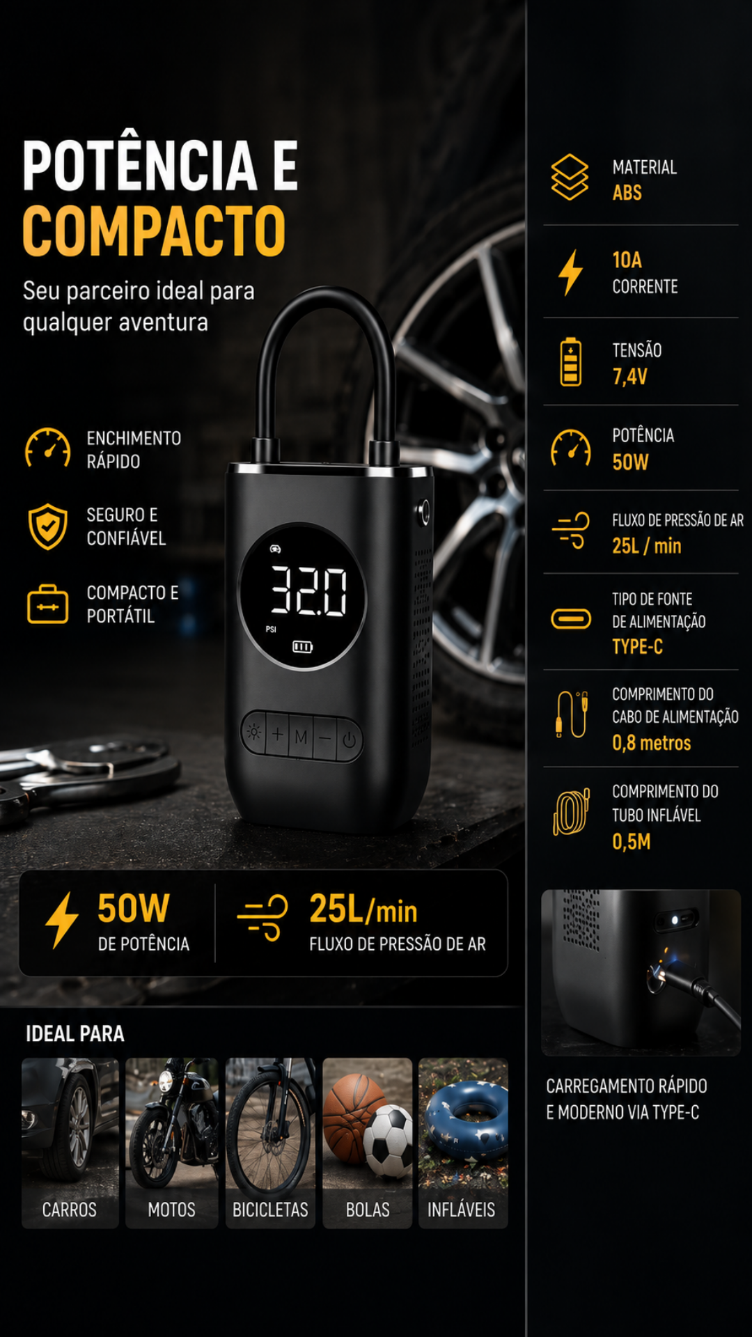 Calibrador Compressor Digital Portátil Sem Fio para Carro, Moto e Bicicleta 4