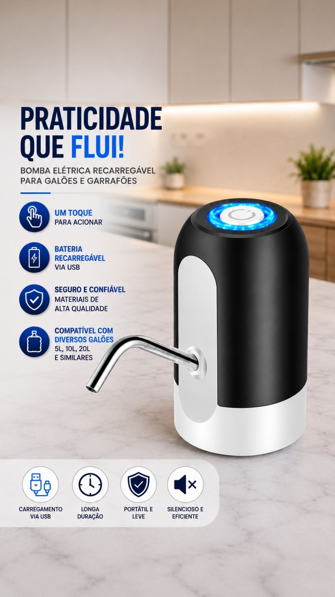 Bomba Elétrica para Galão de Água Recarregável USB Universal 8